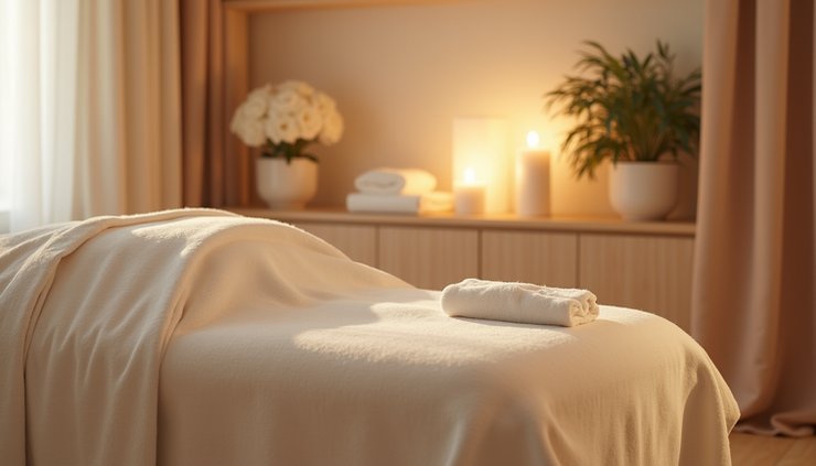 Eye-level view of a serene spa room with a facial treatment bed and soft lighting