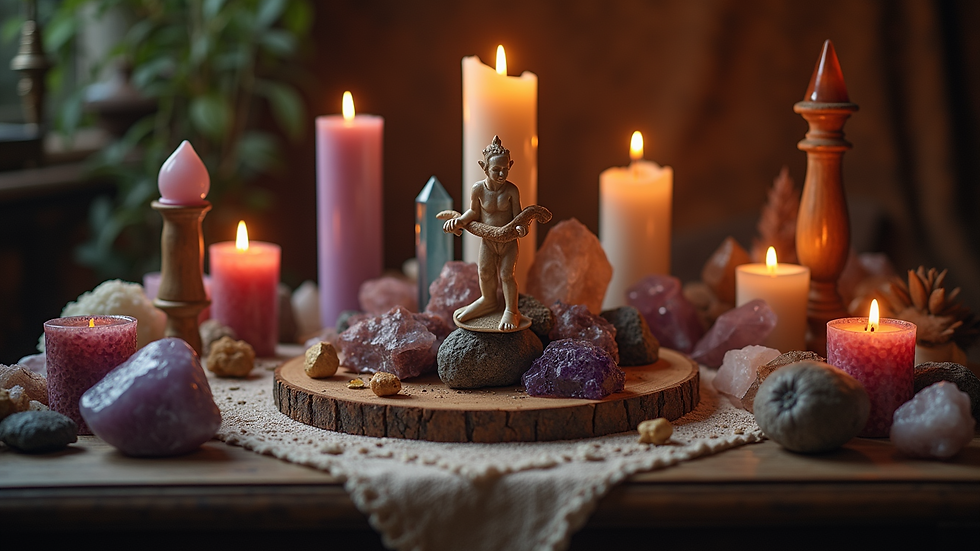 Close-up view of a mystical altar with candles and crystals