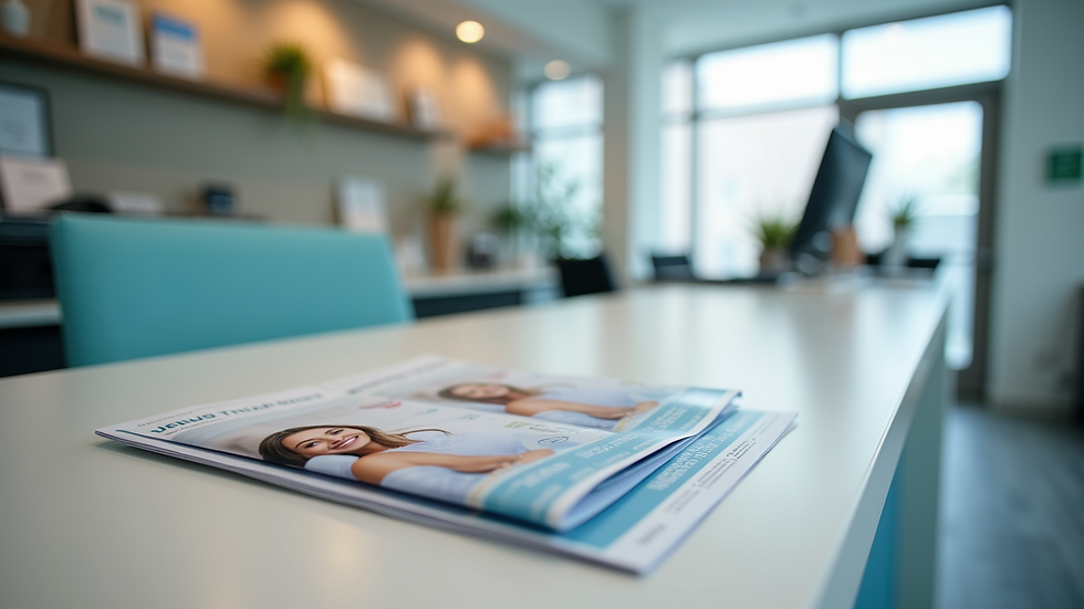 Eye-level view of a modern clinic reception desk with brochures about financing options