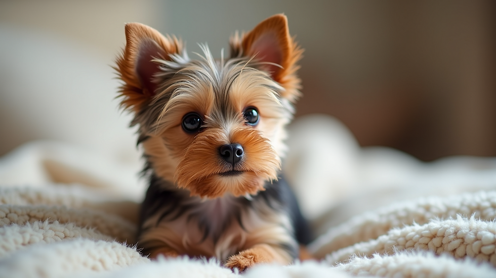 Close-up view of a tiny teacup Yorkie puppy sitting on a soft blanket