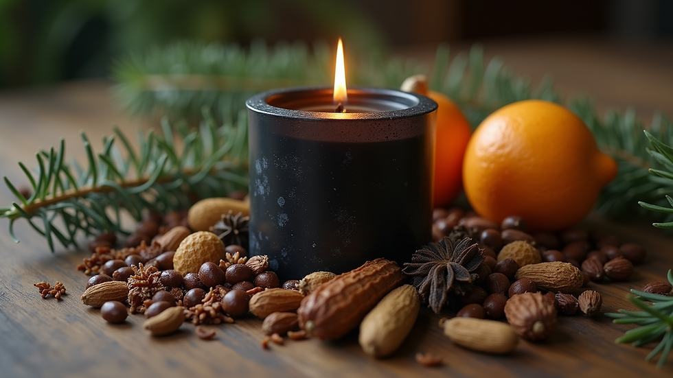 Close-up view of a black candle surrounded by protective herbs