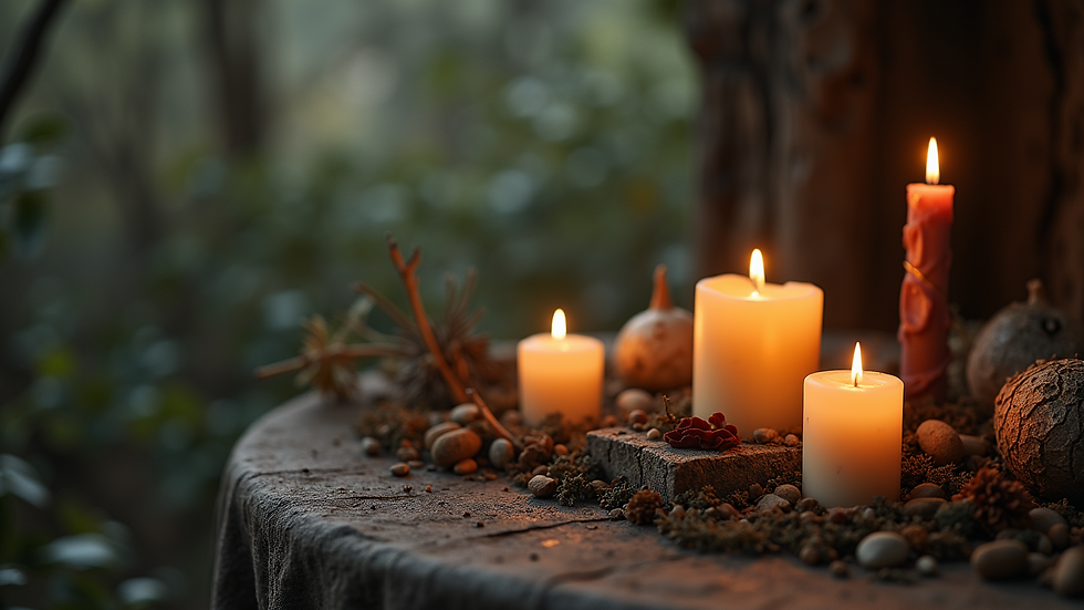 Close-up view of a candle surrounded by herbs and crystals