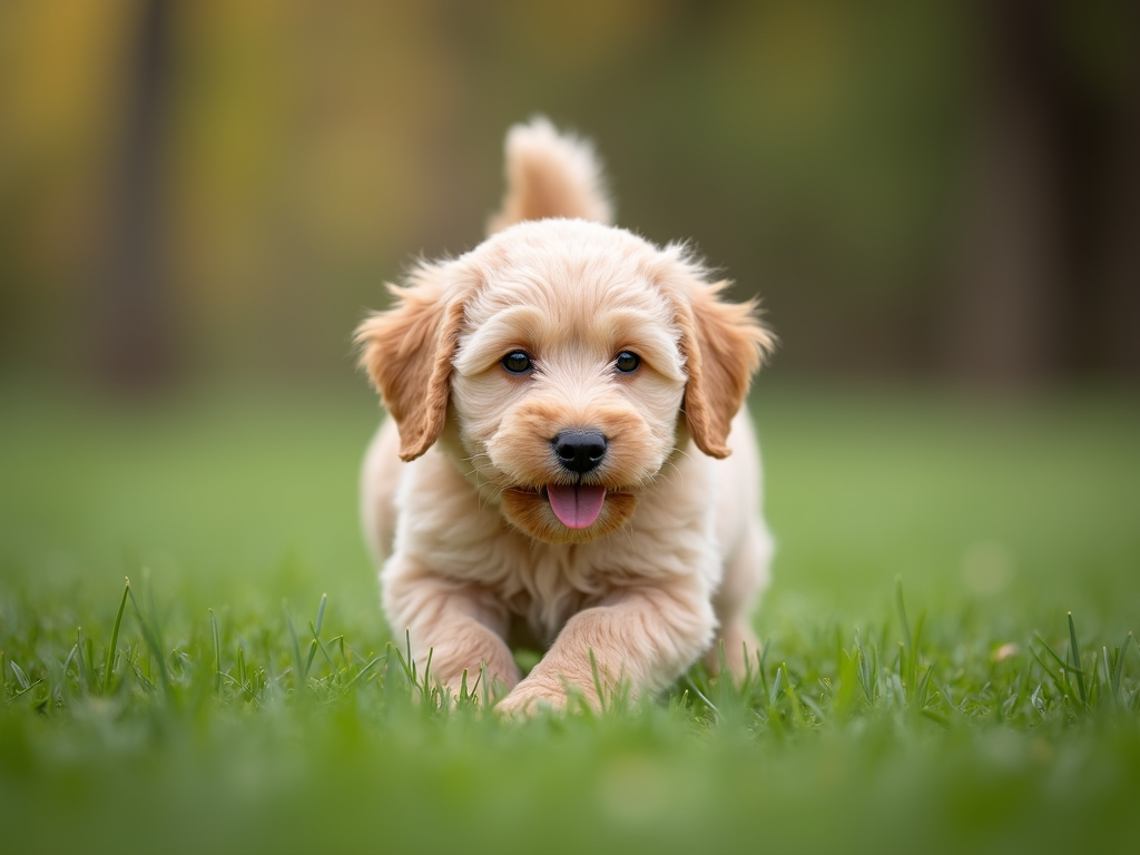 A playful and fluffy Shepadoodle puppy playing on the grass