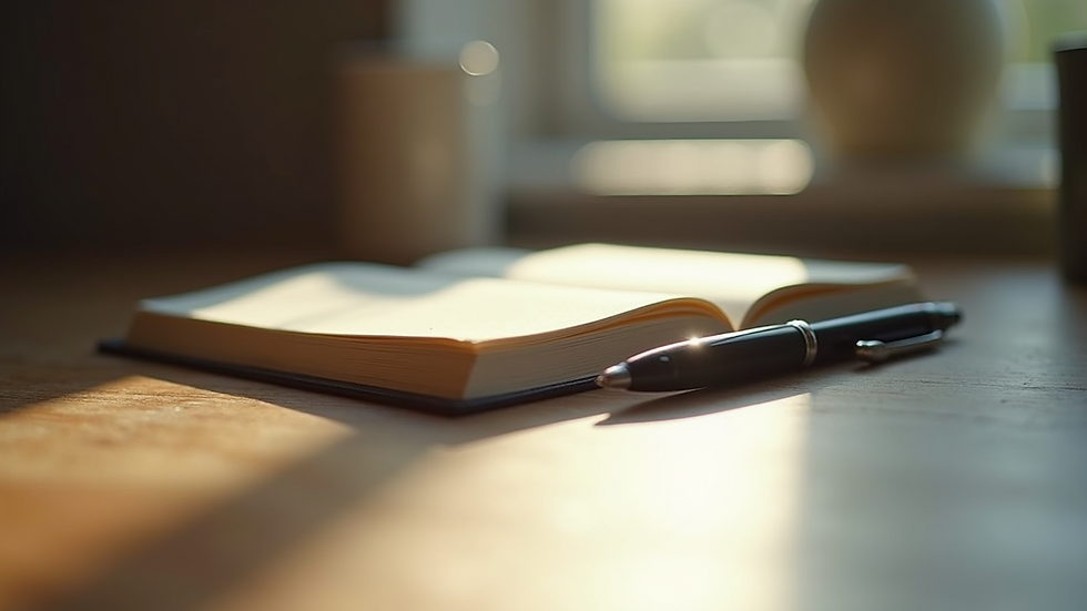 Close-up view of a journal and pen on a wooden desk
