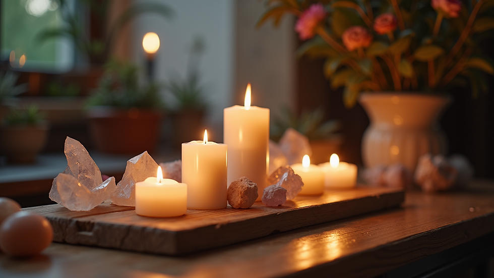 Close-up view of a simple altar with candles and crystals