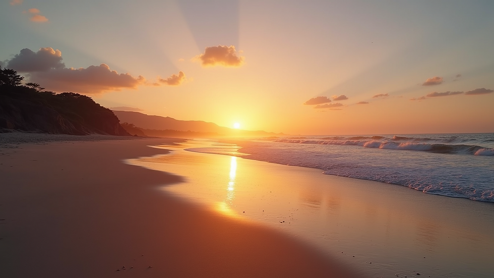 Wide-angle view of a serene beach during sunset