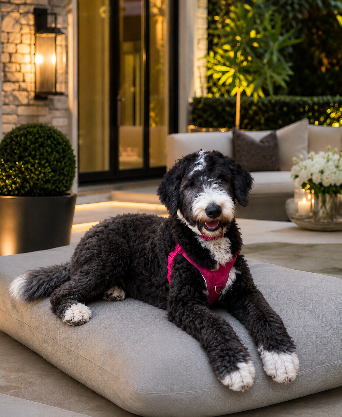 One-year-old female Shepadoodle sitting calmly in a home environment