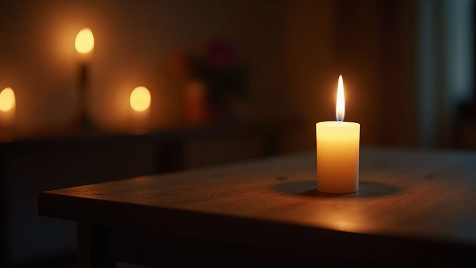 Close-up view of a lit candle in a dimly lit room