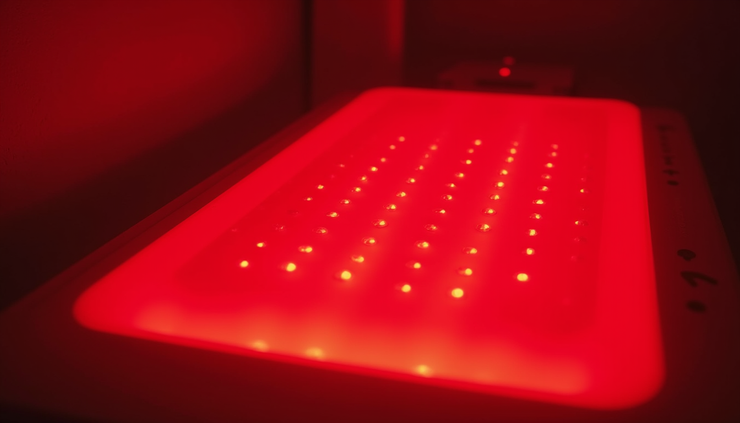 Close-up view of LED red light panel used in facial treatment at a Montreal spa