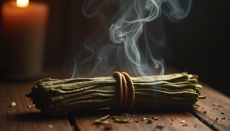 Close-up view of a burning sage bundle releasing smoke in a dimly lit room