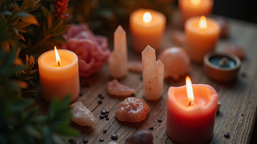 High angle view of an altar decorated with candles and crystals