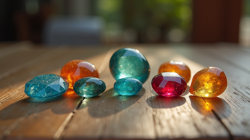 Eye-level view of a collection of colorful gemstones