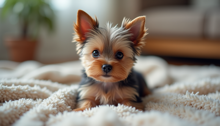 Close-up view of a Babydoll Teacup Yorkie sitting on a soft blanket