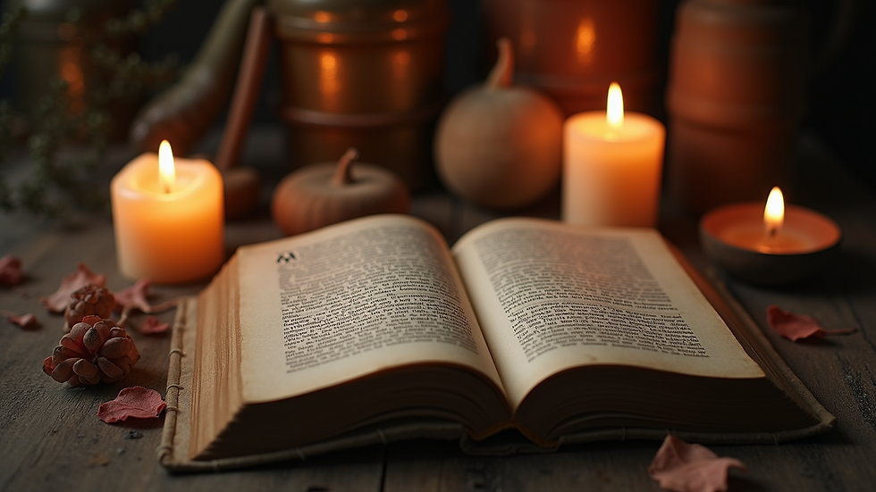 Close-up view of ancient spellbook and candles