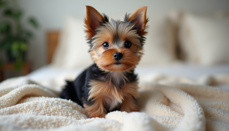 Close-up view of a tiny teacup Yorkie puppy sitting on a soft blanket