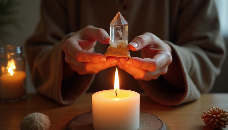 Close-up view of a spell caster’s hands holding a crystal over a burning candle during a karma return ritual