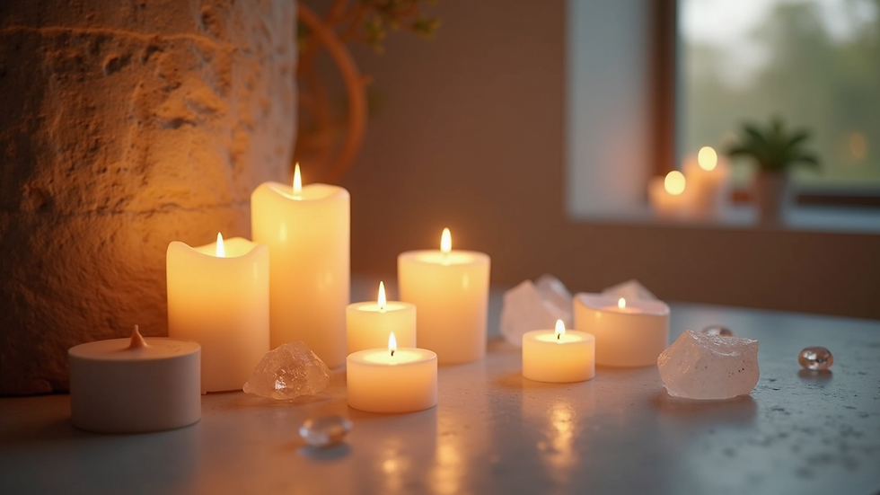 High angle view of a serene space with candles and crystals