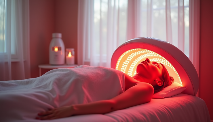 Eye-level view of a modern LED red light therapy device in a bright treatment room