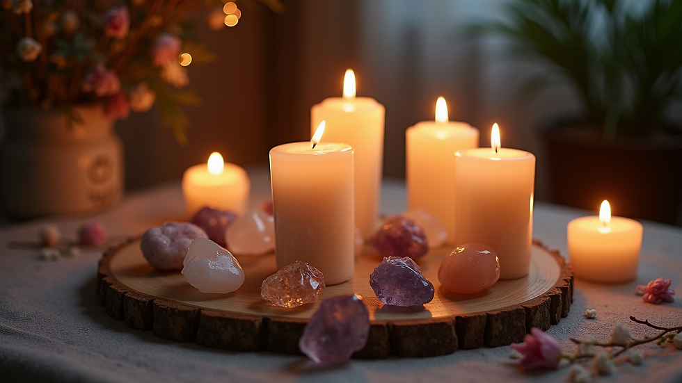 Close-up view of a mystical altar adorned with candles and crystals