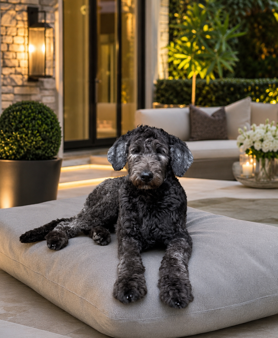 Second one-year-old female Shepadoodle named Nelly standing gracefully