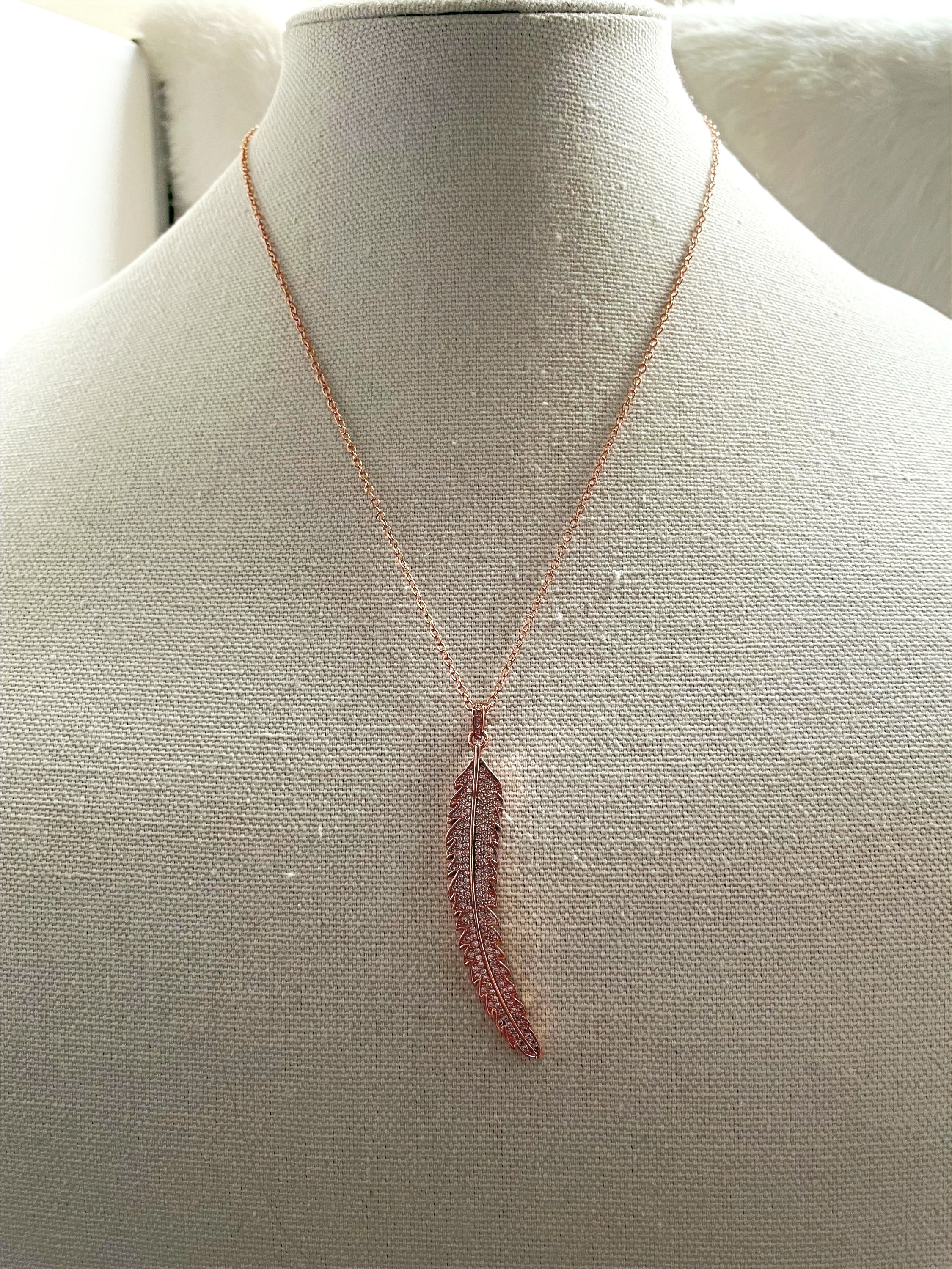 Rose Gold Necklace with Large CZ Feather