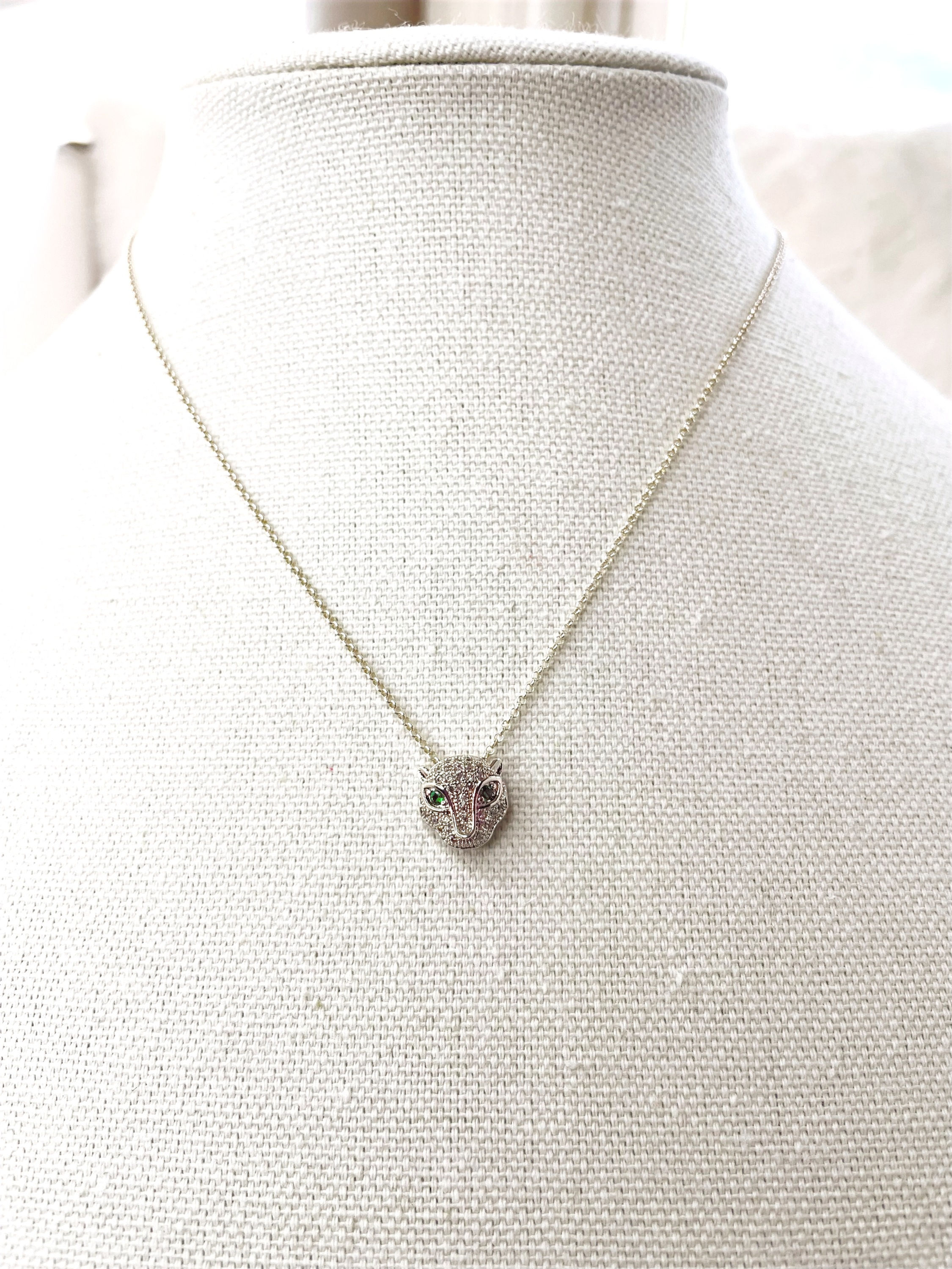 Sterling Silver Necklace with CZ Encrusted Jaguar (Green Eyes)