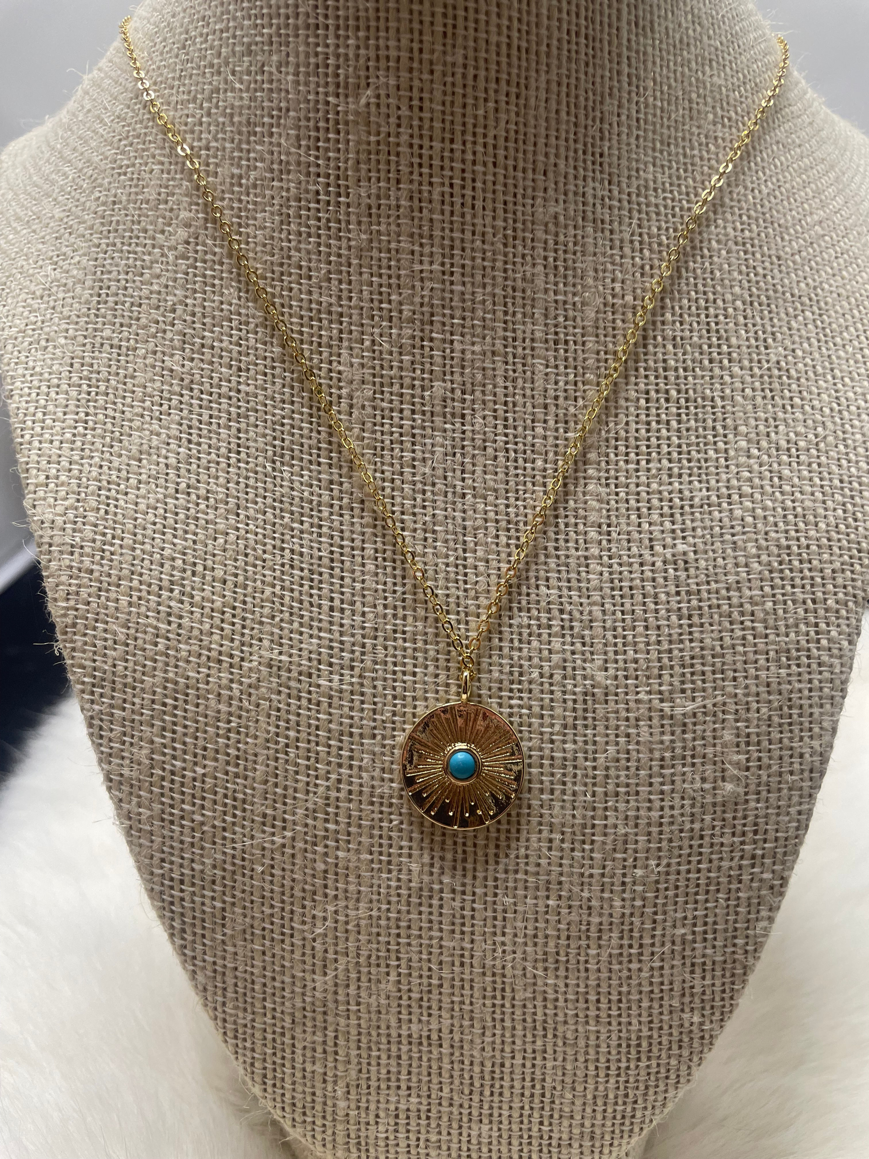 Gold Necklace with Pendant with turquoise center