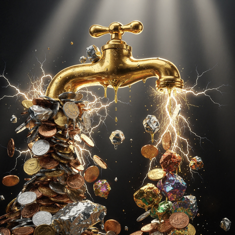 Rubinetto dorato da cui scorrono monete e pietre preziose con effetti di luce ed energia, simbolo di ricchezza e abbondanza.