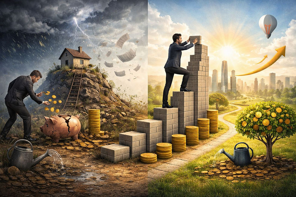 Illustrazione concettuale che rappresenta la differenza tra investire senza strategia e costruire un patrimonio con visione e metodo.