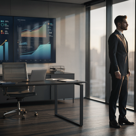 Professionista in giacca e cravatta davanti a una finestra in un ufficio con schermi di dati.