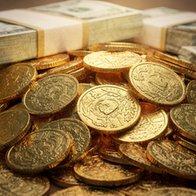 Monete d’oro e mazzette di dollari che rappresentano ricchezza, denaro e investimenti.