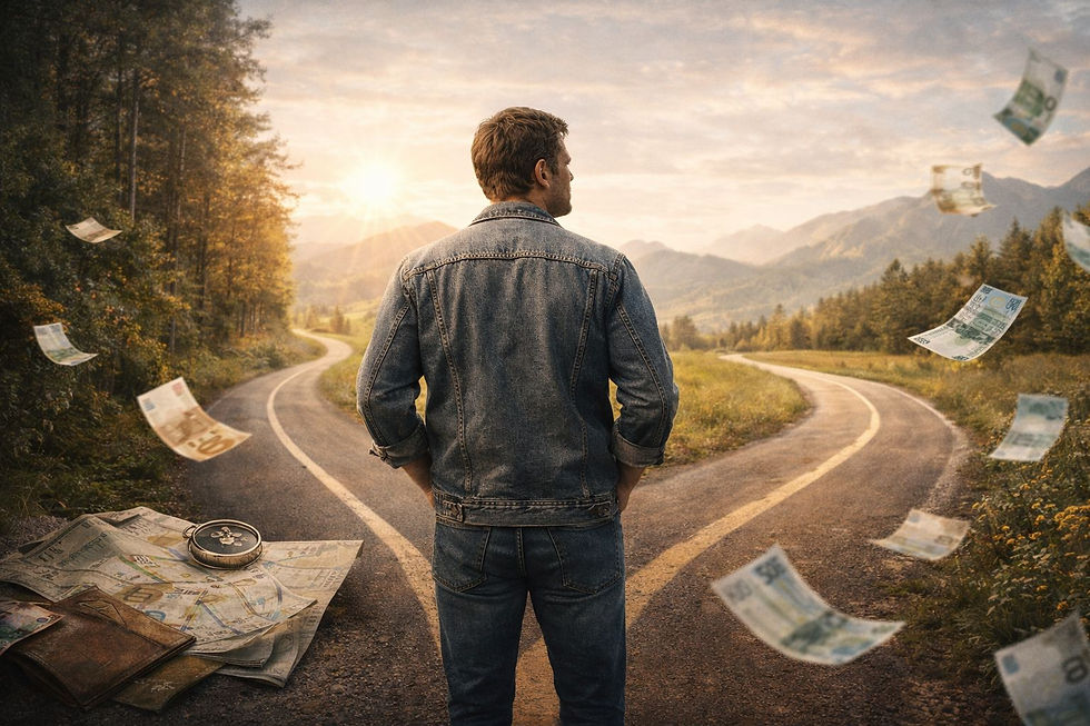 Uomo di spalle fermo a un bivio su una strada di campagna al tramonto, con due percorsi che si separano davanti a lui. Intorno fluttuano banconote e a terra ci sono una mappa e una bussola, simbolo di scelte consapevoli e rapporto interiore con il denaro.