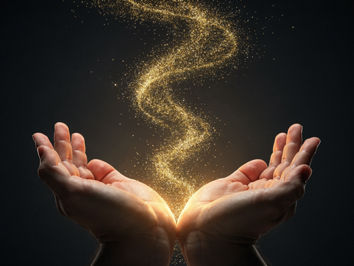 Mani aperte che sorreggono una spirale luminosa di particelle dorate su sfondo scuro, simbolo di energia, magia e creazione.