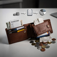 Portafoglio aperto con contanti, carte e ricevute, affiancato da icone di pianificazione e grafico, simbolo di gestione del budget e controllo delle spese.