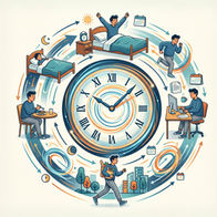 Illustrazione di una routine quotidiana: una persona passa dal sonno al risveglio, al lavoro, ai pasti e al movimento, con un grande orologio centrale che rappresenta il ciclo del tempo e della giornata. ⏳✨