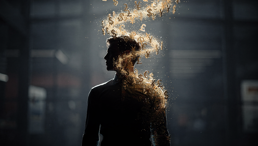 Silhouette di una persona con simboli di valute dorate che emergono dalla mente, simbolo di consapevolezza e pensiero finanziario.