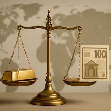 Bilancia con oro e valuta a confronto, simbolo delle tensioni tra monete, tassazione e geopolitica internazionale.