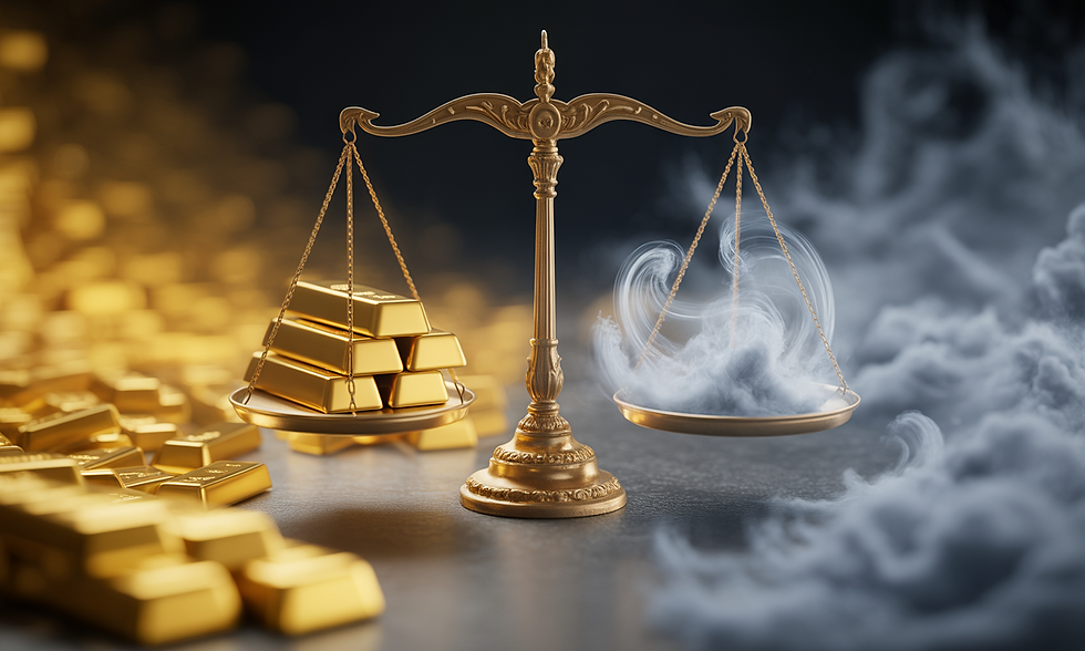 Bilancia dorata che confronta lingotti d’oro e una massa di fumo, simbolo del confronto tra valore reale e valore illusorio nel mondo della finanza e degli investimenti