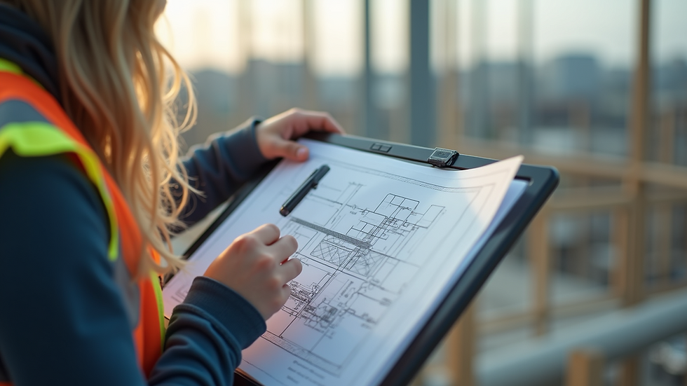 Close-up view of a project manager reviewing blueprints on a tablet at a construction site