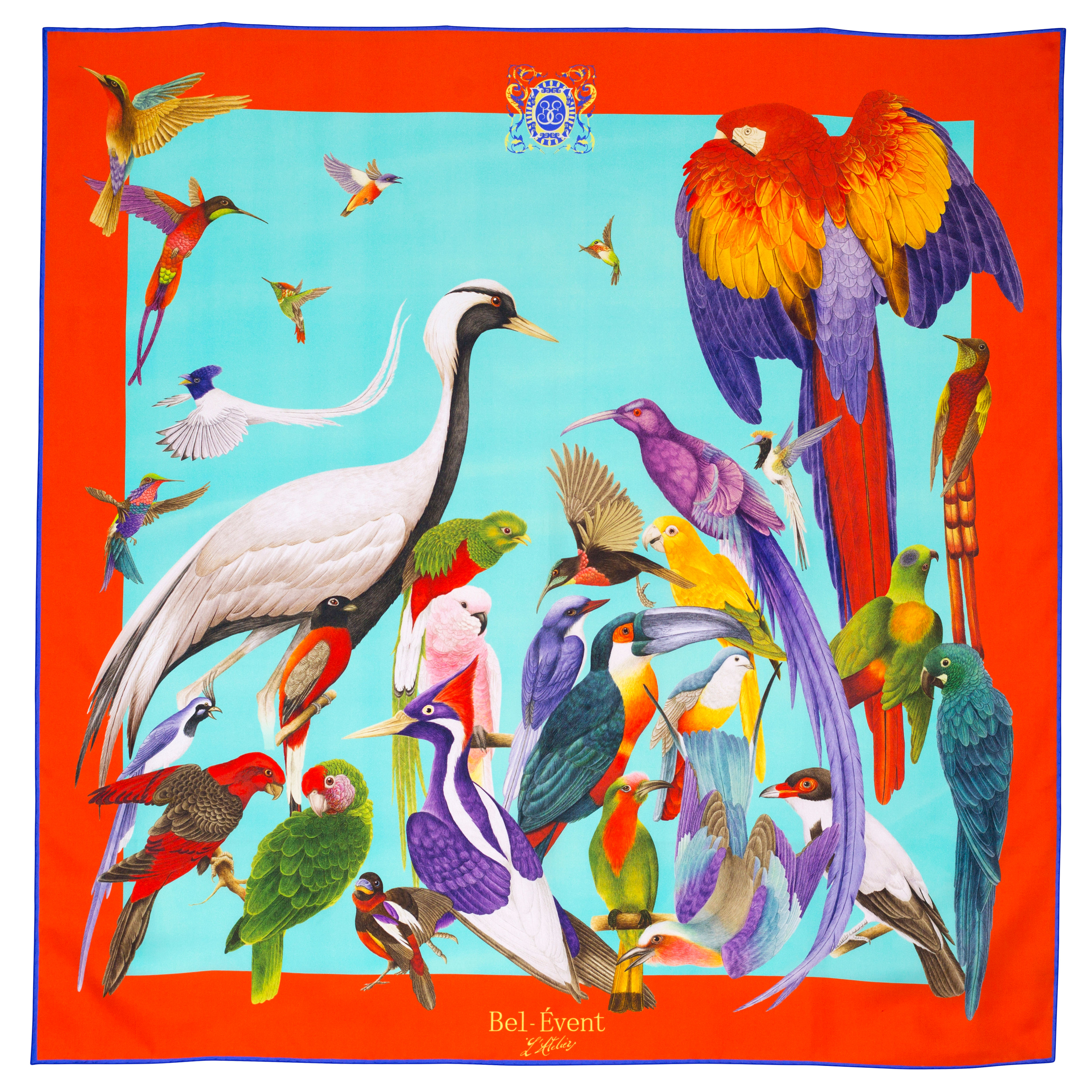 FOULARD OISEAUX EXOTIQUES - ORANGE & BLEU CIEL 100% SOIE