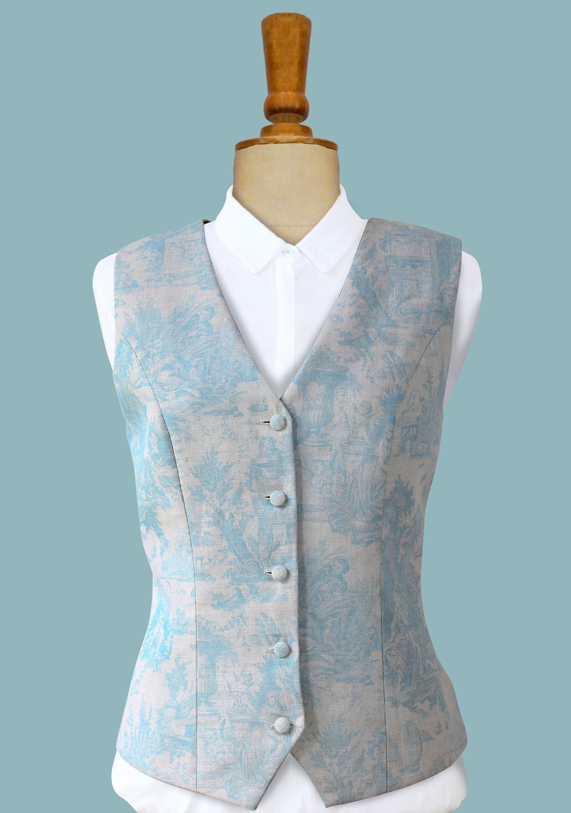 GILET SUR-MESURE EN LIN - TOILE DE JOUY BLEU CIEL