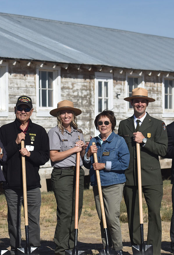 Keith Yamaguchi (President, Nisei Veterans Committee), Brianna Bowhay (Project Manager, Southern Idaho National Parks, National Park Service), Janet Keegan (Board President, Friends of Minidoka and Minidoka descendant), Wade Vagias (Superintendent, Southern Idaho Parks, National Park Service) during the groundbreaking ceremony on September 26, 2025 celebrating the beginning of four projects at Minidoka taking place thanks to LRF funding. Learn more about that event →