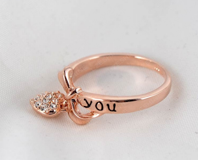 Küçük resim: Black Enamel Love You Ring Heart Bow 18K Rose Gol