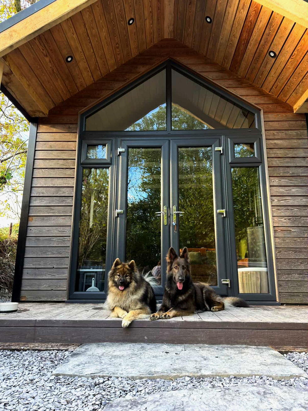 View of the front of the cosy Caban Jiwt with two very happy fluffy dogs lying on the decking in front