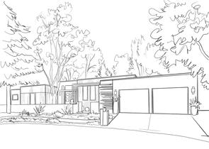 Line drawing of modern house surrounded by tall trees