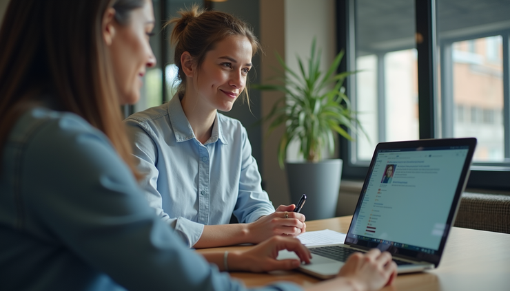 Eye-level view of a recruiter reviewing candidate profiles on a laptop