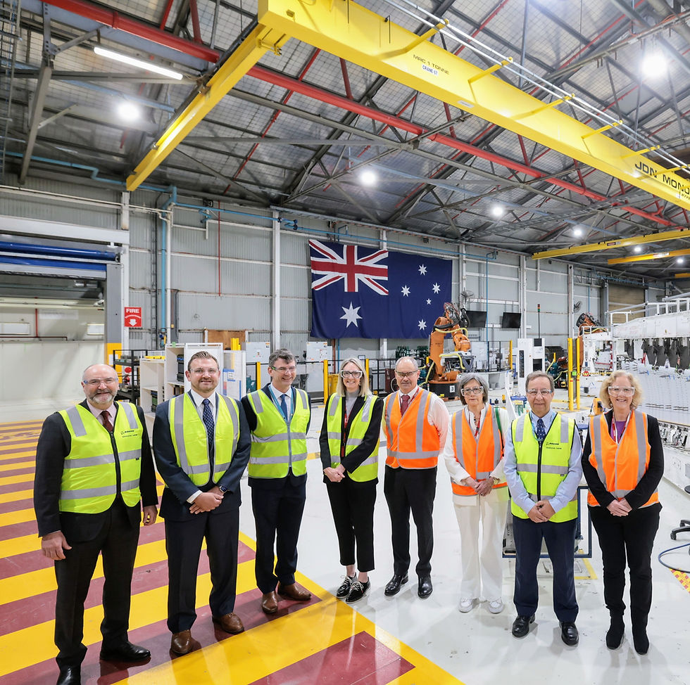 At Boeing Aerostructures Australia's facility for the official launch of the AMCRC are (l-r): Michael Edwards, Vice President, Boeing Technology Innovation; Nicholas Mule, Director of AM, Boeing; Matthew Wall, Additive Manufacturing and Innovation Cell Lead, Boeing; Senator Lisa Darmanin; Simon Marriott, Managing Director, AMCRC; Susan Jeanes, Chair, AMCRC; Adnan Raghdo, Managing Director, Boeing Aerostructures Australia; Dr Heather St John Associate Deputy Vice Chancellor, Research Partnerships and Translation, RMIT University