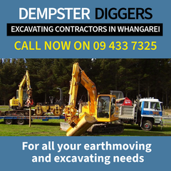 Dempster Diggers trucks and excavators lined up on site, showcasing the company’s earthmoving fleet.