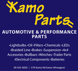 Kamo Parts logo at the top of the advert, with text listing their services: batteries, oil, lubrication products, light bulbs, and specialist parts for family cars, 4WDs, drift cars, classics and vintage vehicles. The ad also notes the contact phone number and adress