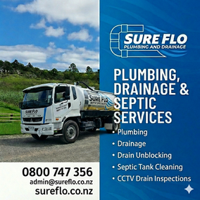 Sureflo plumbing septic truck on the advertisement promoting there services. 